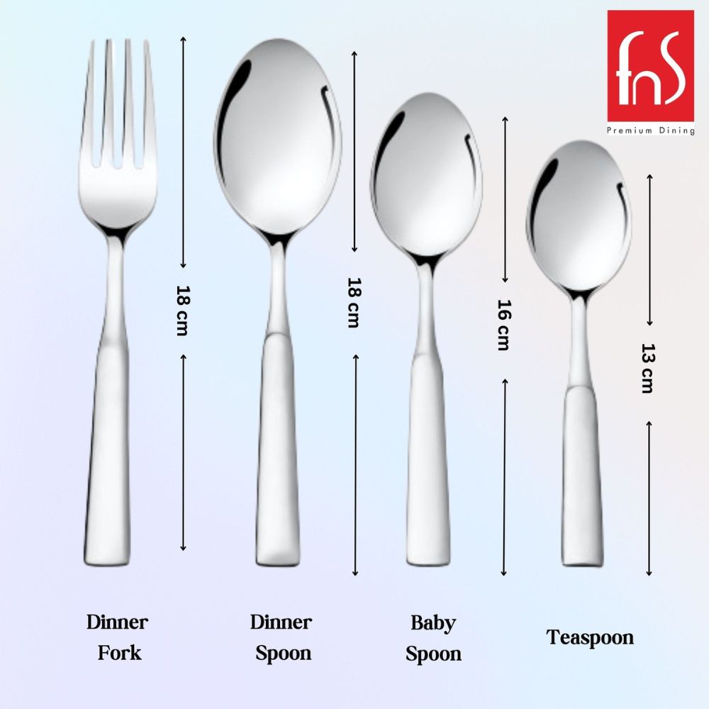 Dinner fork 18cm, dinner spoon 18cm, baby spoon 16cm, teaspoon 13cm stainless steel cutlery.
