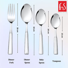 Dinner fork 18cm, dinner spoon 18cm, baby spoon 16cm, teaspoon 13cm stainless steel cutlery.