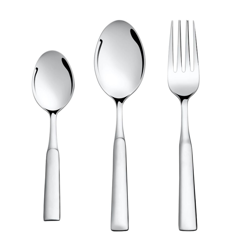 Fork, tablespoon, and teaspoon with sleek, minimalistic design standing upright against a white background.