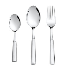 Fork, tablespoon, and teaspoon with sleek, minimalistic design standing upright against a white background.