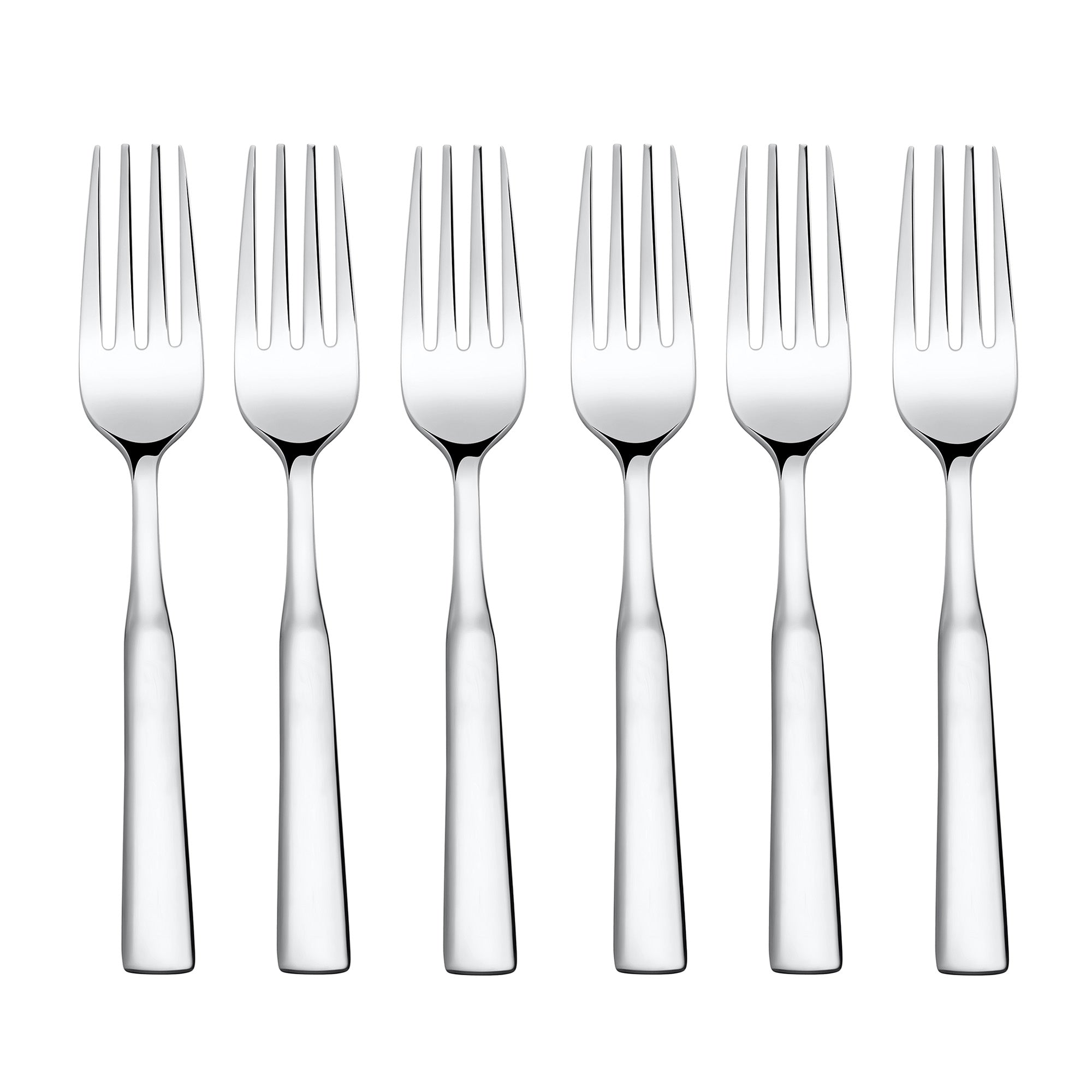 Six silver stainless steel dinner forks arranged in a row against white background