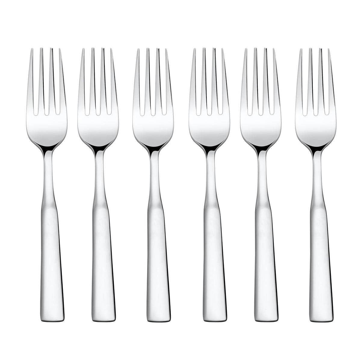 Six silver stainless steel dinner forks arranged in a row against white background