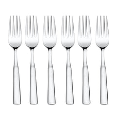Six silver stainless steel dinner forks arranged in a row against white background