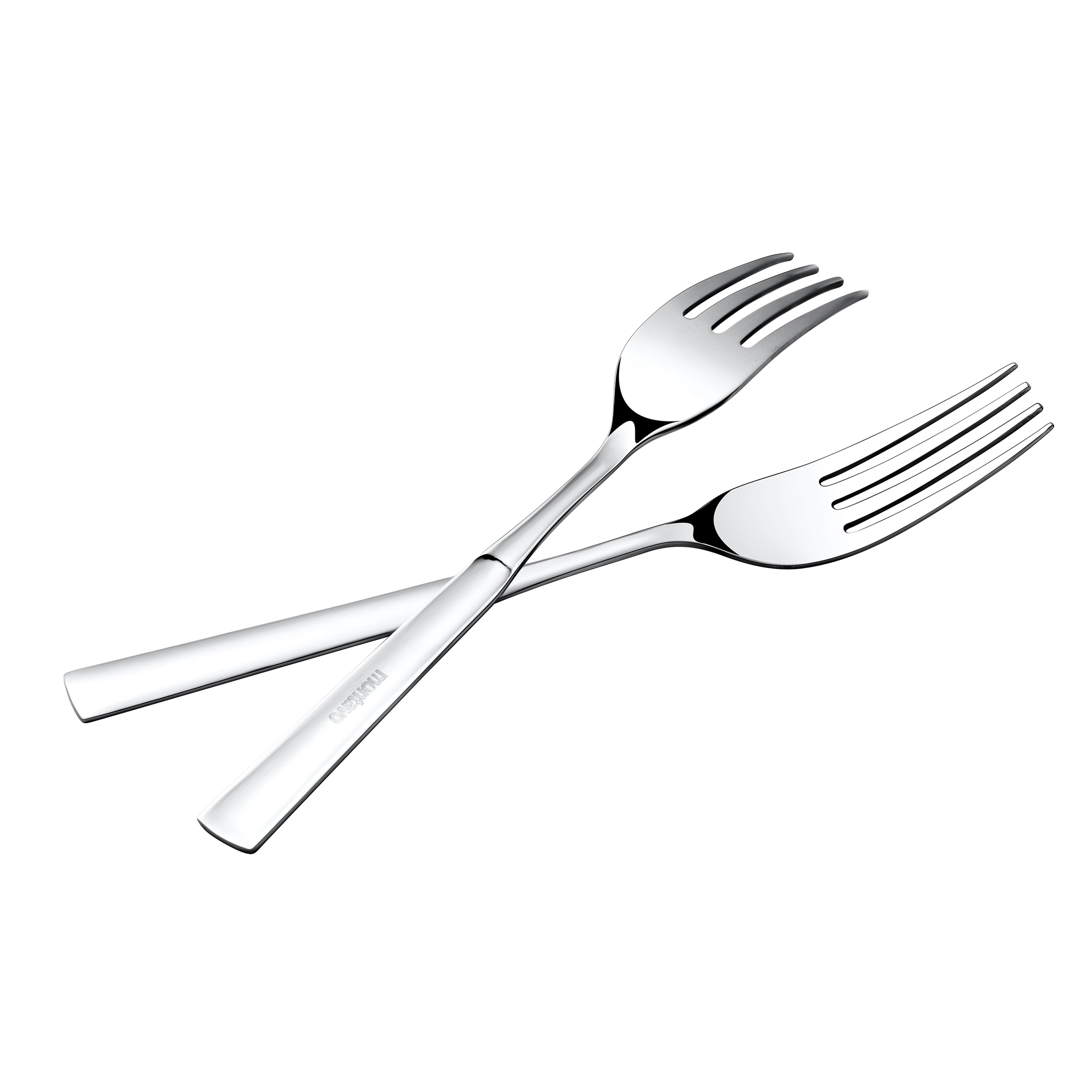 Two crossed stainless steel forks displaying elegant tapered handle design and polished finish