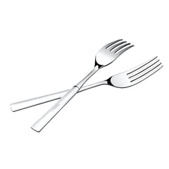 Two crossed stainless steel forks displaying elegant tapered handle design and polished finish