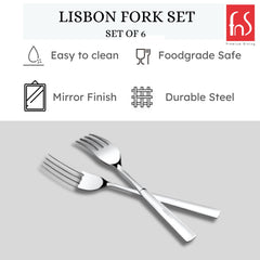 Lisbon fork set product features showing easy clean, food-safe, mirror finish, durable steel properties