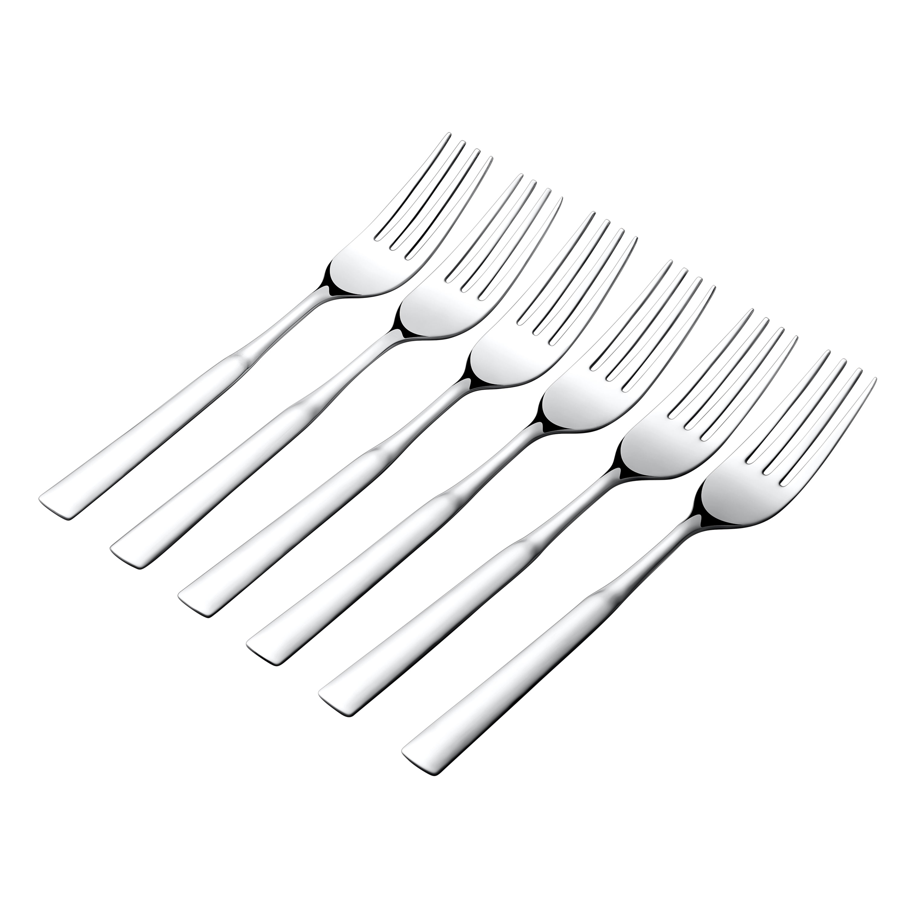 Six silver dinner forks arranged diagonally showing sleek modern design and mirror finish