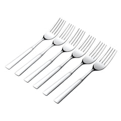 Six silver dinner forks arranged diagonally showing sleek modern design and mirror finish