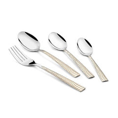 Elegant cutlery set with checkered handles laid diagonally, featuring spoon, fork, and teaspoon arrangement.