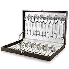 Elegant cutlery gift box opened to reveal neatly arranged set of spoons, forks, and knives.