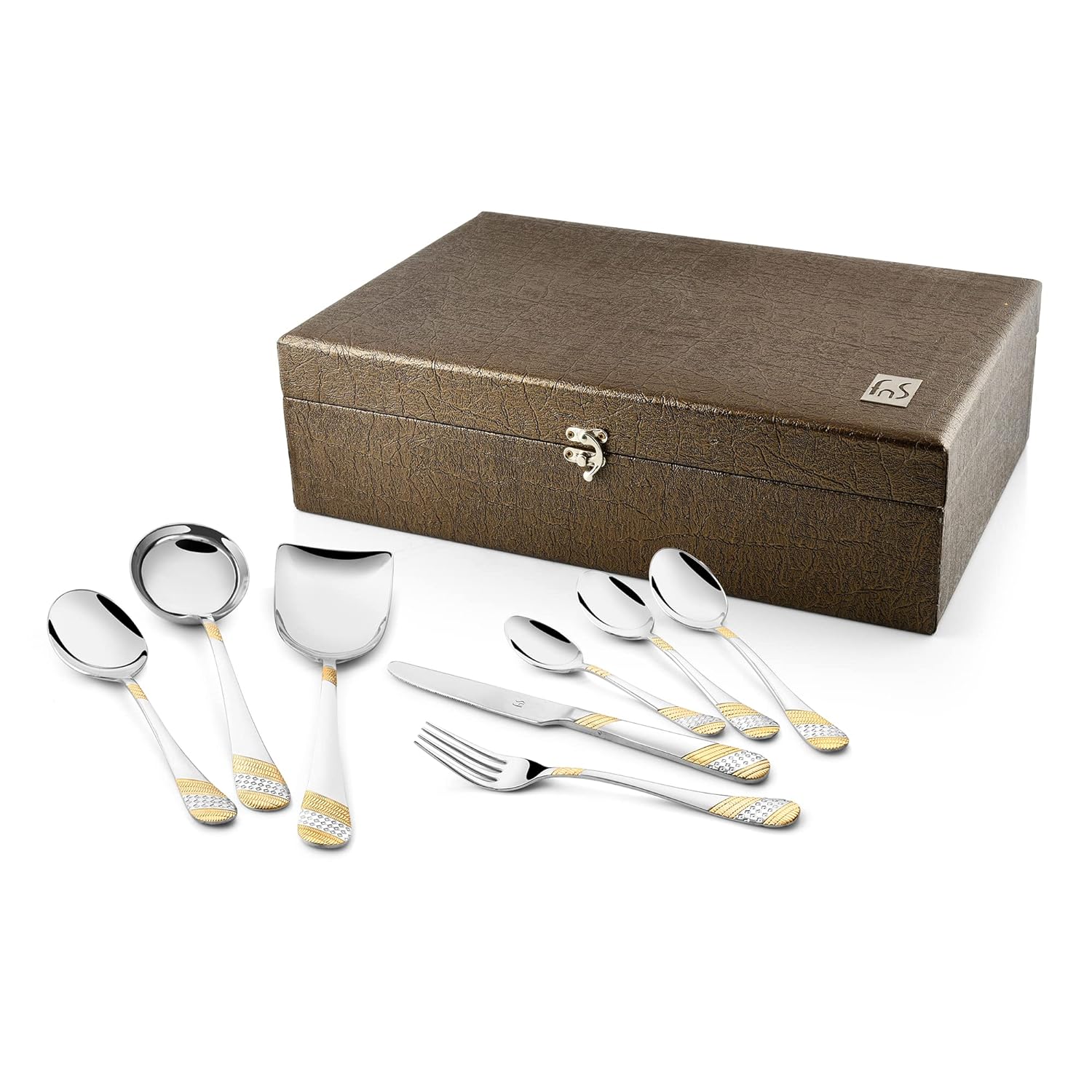Cutlery pieces with dual-tone handles laid outside a closed textured brown storage box with clasp.