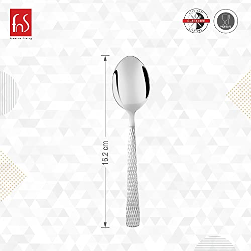 Madrid baby spoon dimensions showing 18.2 cm length with mirror polished bowl and distinctive hammered finish textured handle design by FNS