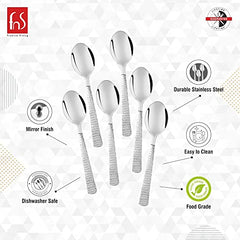 Madrid baby spoon features infographic highlighting mirror finish, durable stainless steel, dishwasher safe, easy to clean and food grade safe certification with lifetime guarantee