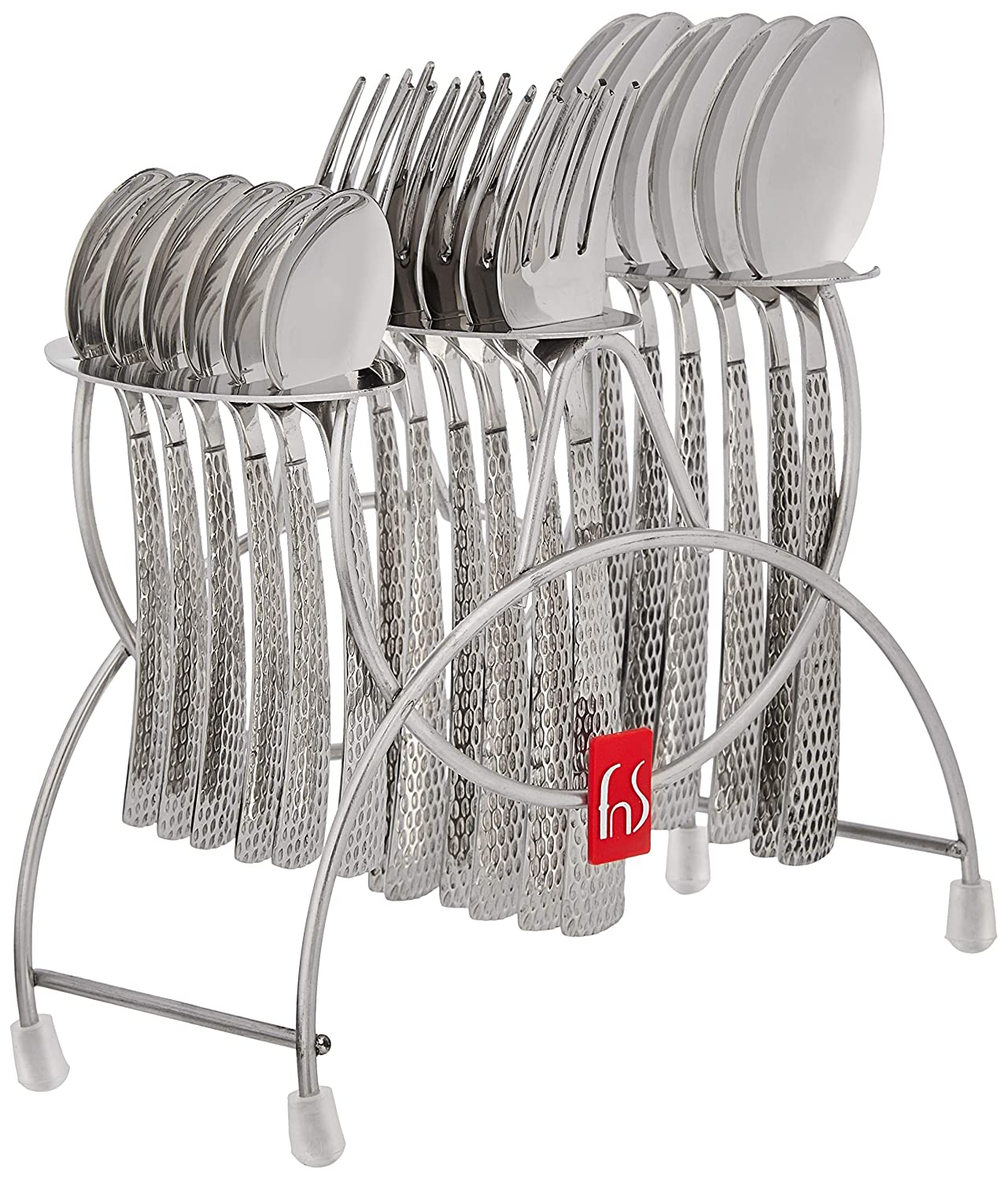 Neatly arranged cutlery set with textured handles in a chrome stand, branded with FnS logo.