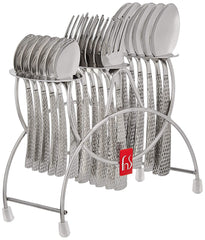 Neatly arranged cutlery set with textured handles in a chrome stand, branded with FnS logo.