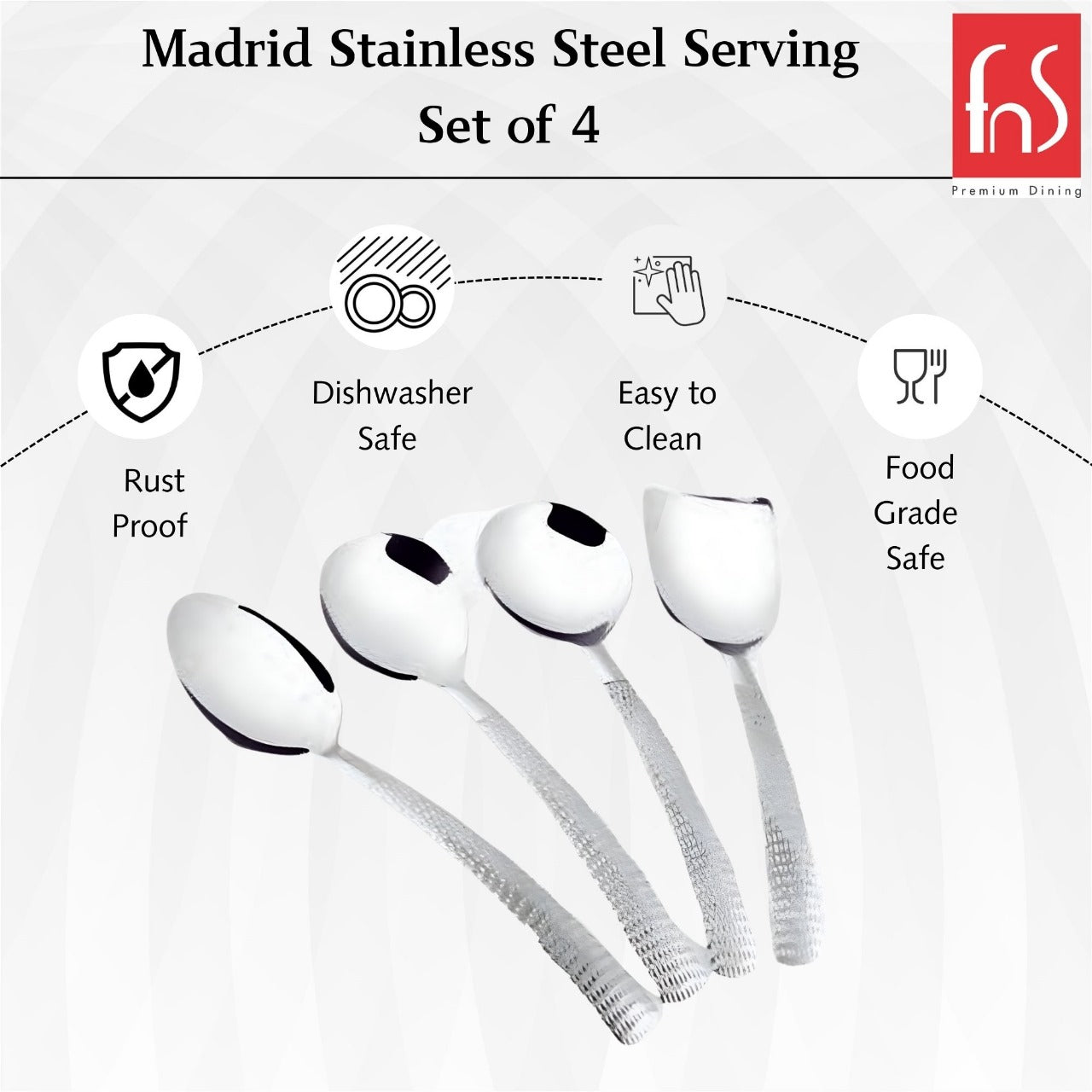 Madrid serving spoon set features infographic showing rust proof, dishwasher safe, easy to clean, and food grade safe stainless steel construction.