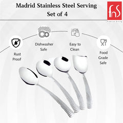 Madrid serving spoon set features infographic showing rust proof, dishwasher safe, easy to clean, and food grade safe stainless steel construction.