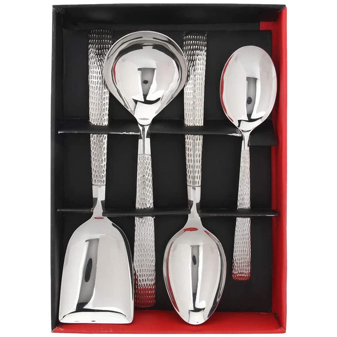 Madrid serving spoon set with textured dotted handles, mirror finish stainless steel, 4 pieces including ladle and serving spoons in gift box.
