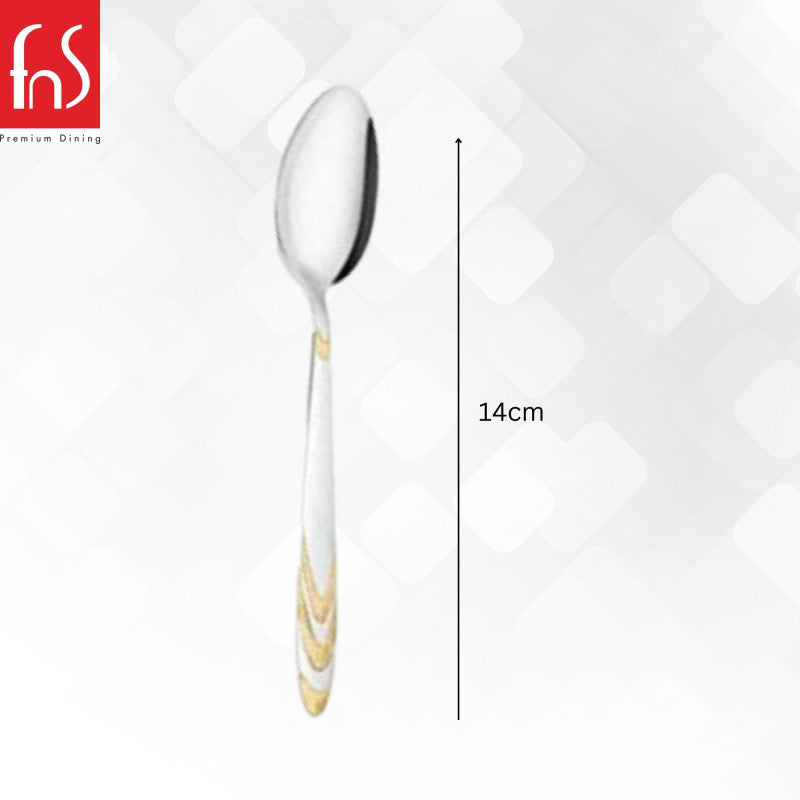 Single Magna baby spoon with measurement showing 14 cm length, featuring mirror finish bowl and gold decorative accent on handle
