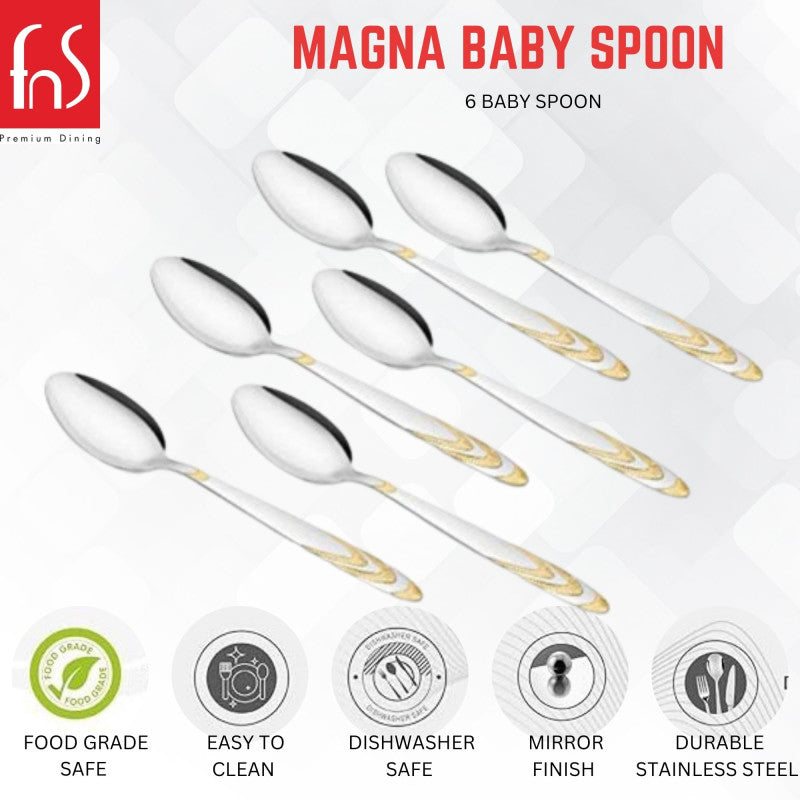 Magna baby spoon 6-piece set infographic showing food grade safe, easy to clean, dishwasher safe, mirror finish, and durable stainless steel features