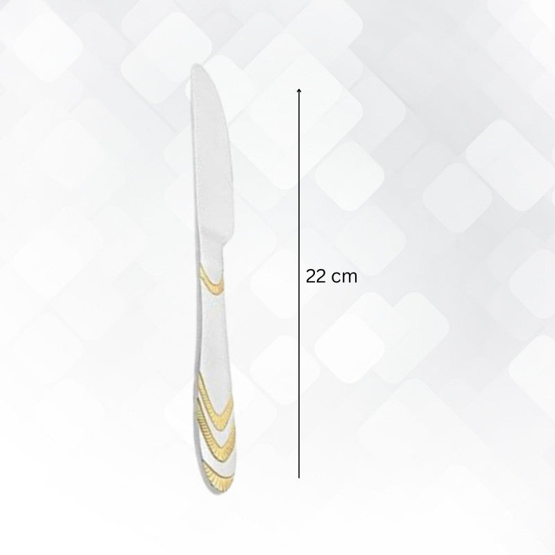 Single Magna dinner knife measuring 22cm in length with gold chevron handle design on clean white geometric background for dimension reference.