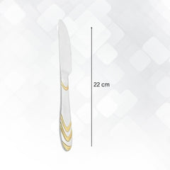Single Magna dinner knife measuring 22cm in length with gold chevron handle design on clean white geometric background for dimension reference.