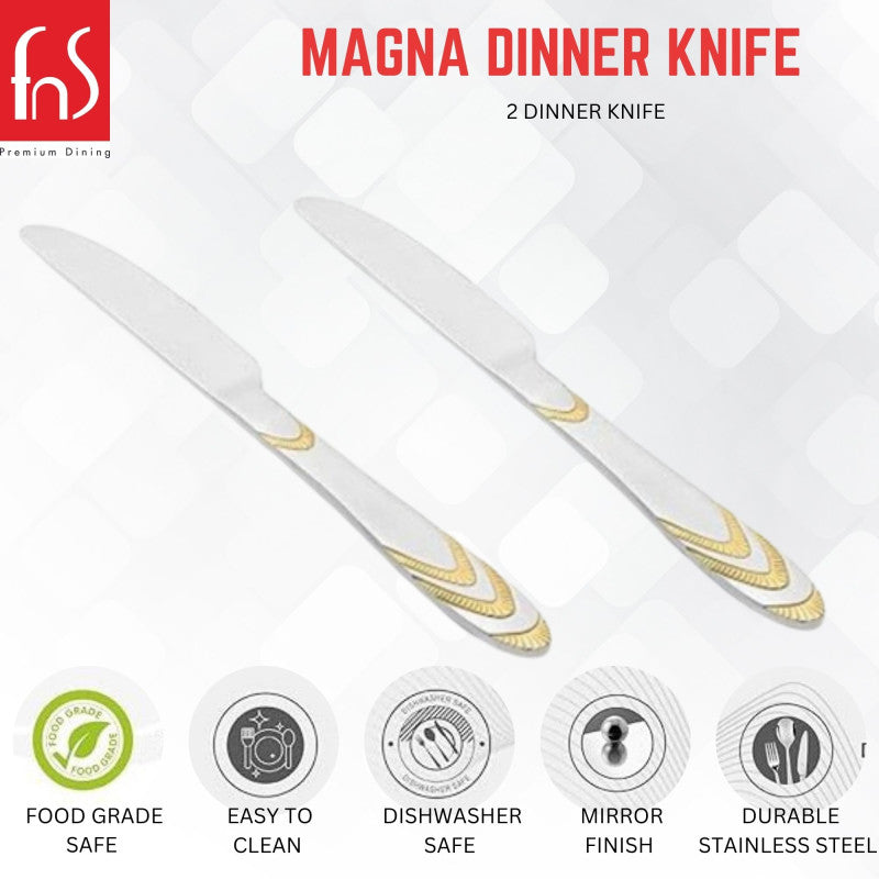 Magna dinner knife set of two with gold accents featuring icons for food-grade safe, easy clean, dishwasher safe, mirror finish, durable stainless steel.
