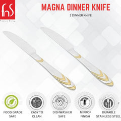 Magna dinner knife set of two with gold accents featuring icons for food-grade safe, easy clean, dishwasher safe, mirror finish, durable stainless steel.