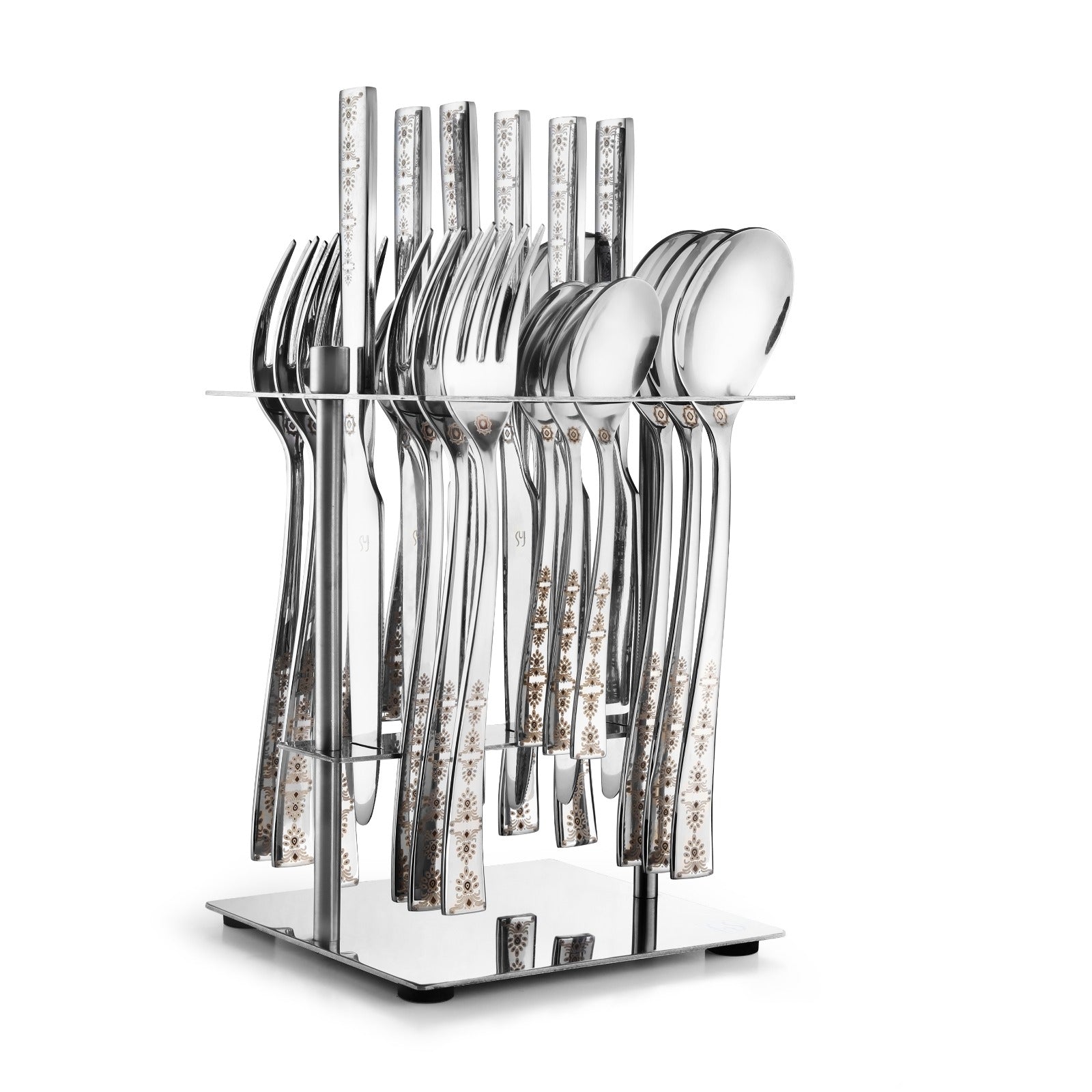 Elegant floral-etched silver cutlery set organized in a vertical chrome stand with polished base.