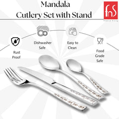 Four Mandala cutlery pieces with floral handles shown below icons highlighting rust-proof, dishwasher-safe, food-grade features.
