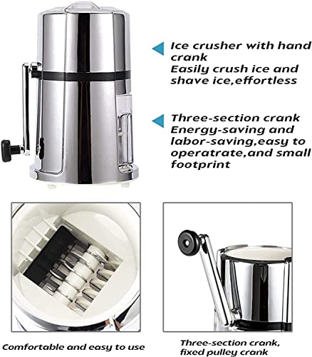Manual ice crusher features infographic showing hand crank operation, three-section crank mechanism, and compact footprint design