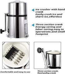 Manual ice crusher features infographic showing hand crank operation, three-section crank mechanism, and compact footprint design