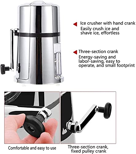 Manual ice crusher with hand crank featuring three-section mechanism, comfortable grip, and fixed pulley system infographic