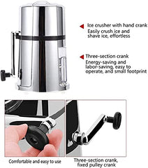 Manual ice crusher with hand crank featuring three-section mechanism, comfortable grip, and fixed pulley system infographic