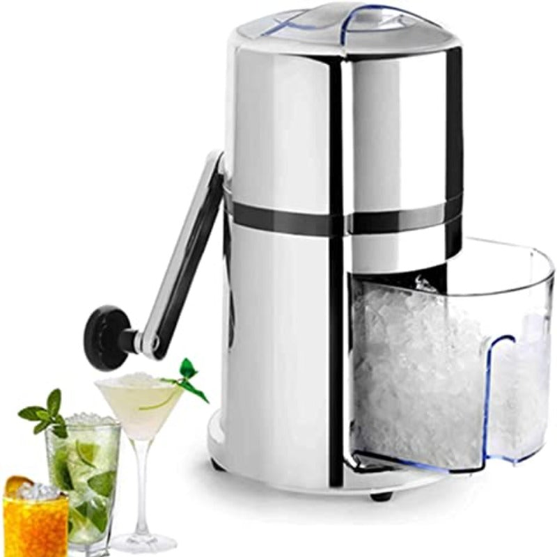 Manual ice crusher machine with chrome finish, transparent collection bin, and assorted cocktails including mojito and martini