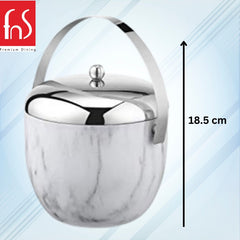 Marble pattern ice bucket with measurement indicator showing 18.5 cm height dimension specification on light blue background