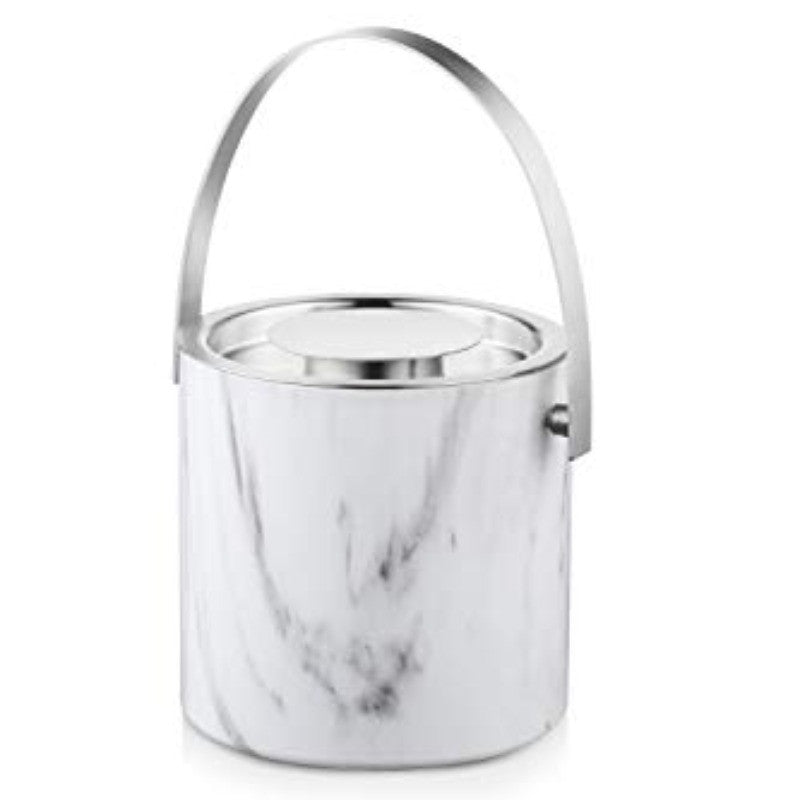 Marble finish ice bucket with chrome rim and curved handle on white background