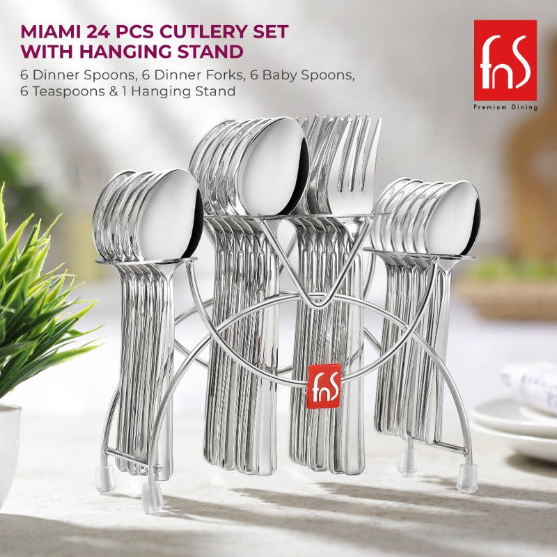 Miami 24-piece stainless steel cutlery set with wire hanging stand displaying organized utensils on kitchen counter