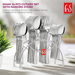Miami 24-piece stainless steel cutlery set with wire hanging stand displaying organized utensils on kitchen counter