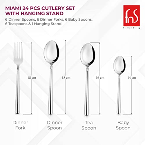 Size chart showing cutlery dimensions: dinner fork 18cm, dinner spoon 18cm, tea spoon 16cm, baby spoon 14cm