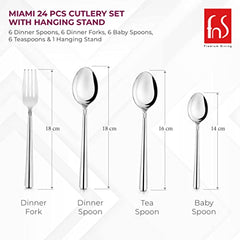 Size chart showing cutlery dimensions: dinner fork 18cm, dinner spoon 18cm, tea spoon 16cm, baby spoon 14cm