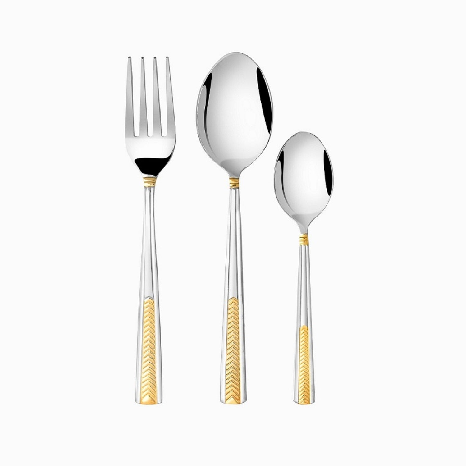 Fork, tablespoon, and teaspoon with silver finish and gold detailing shown on clean white background.