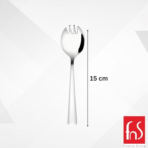 Milan spork dimensions showing 15 cm length with mirror polished stainless steel finish and innovative spoon-fork hybrid design by FNS