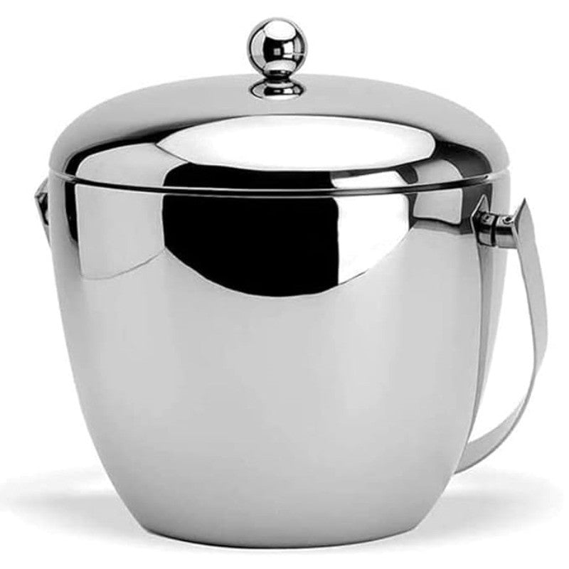 Mirror-polish stainless steel apple-shaped ice bucket with dome lid, spherical knob handle, and curved side handle