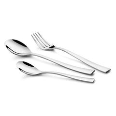 Polished stainless steel fork and spoons with elegant curved handles on a plain white background.