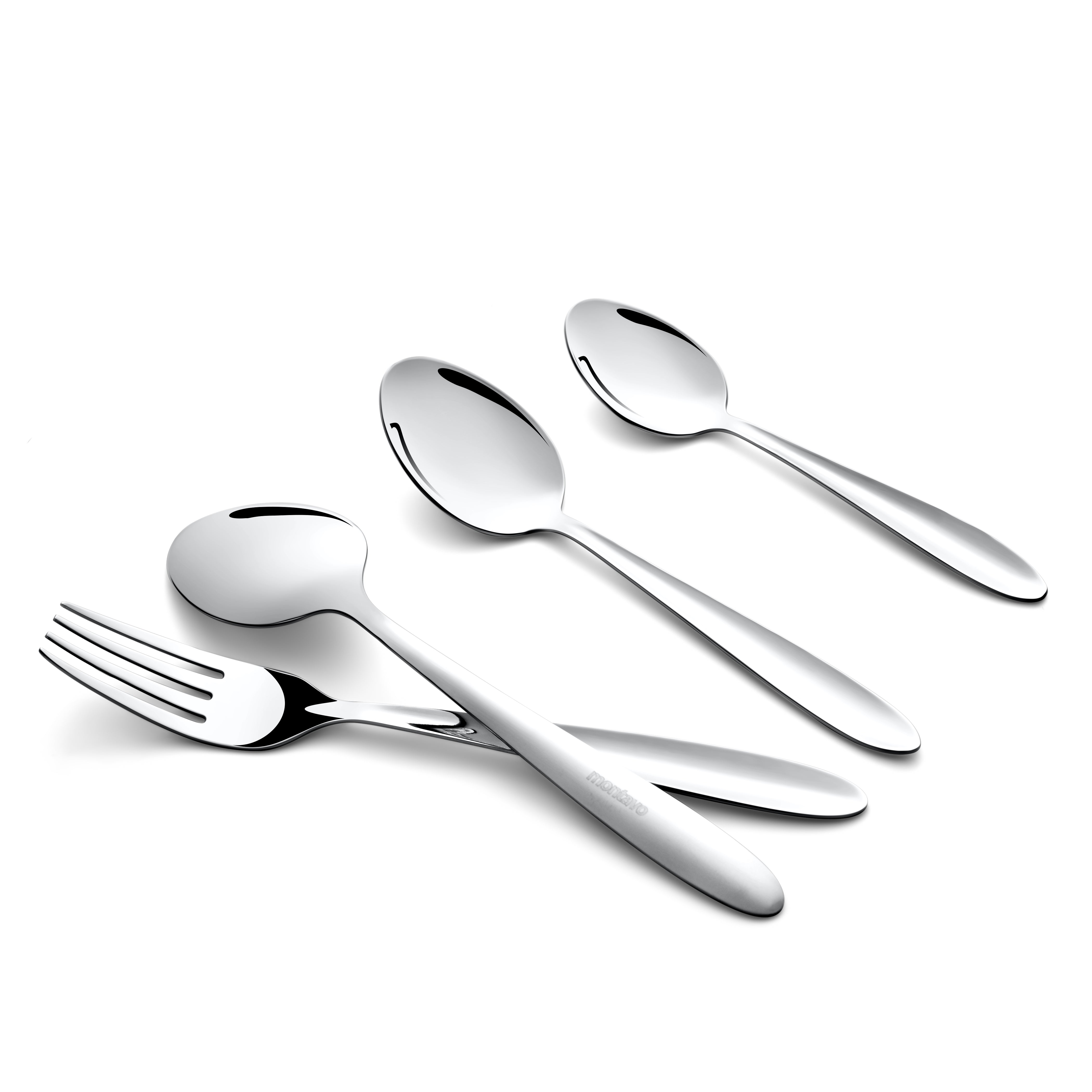 Four-piece silver cutlery set with sleek handles, scattered stylishly on white background for product display.
