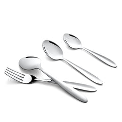 Four-piece silver cutlery set with sleek handles, scattered stylishly on white background for product display.