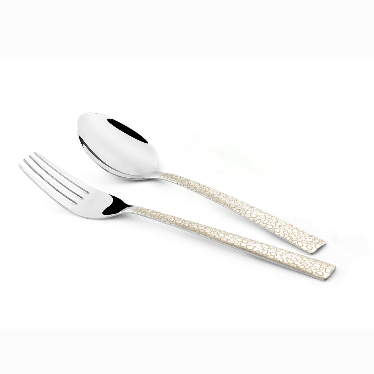 Stainlessss steel fork and spoon with cream patterned handles displayed on a clean white background.