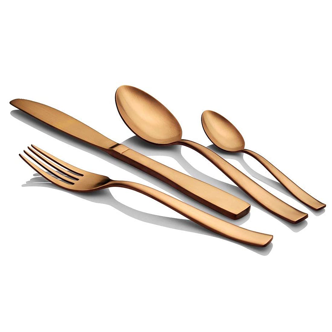 Rose gold flatware set—knife, fork, tablespoon, teaspoon—neatly arranged on a clean white background.
