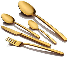 Five-piece gold cutlery set shown at an angle, highlighting sleek lines and reflective finish.